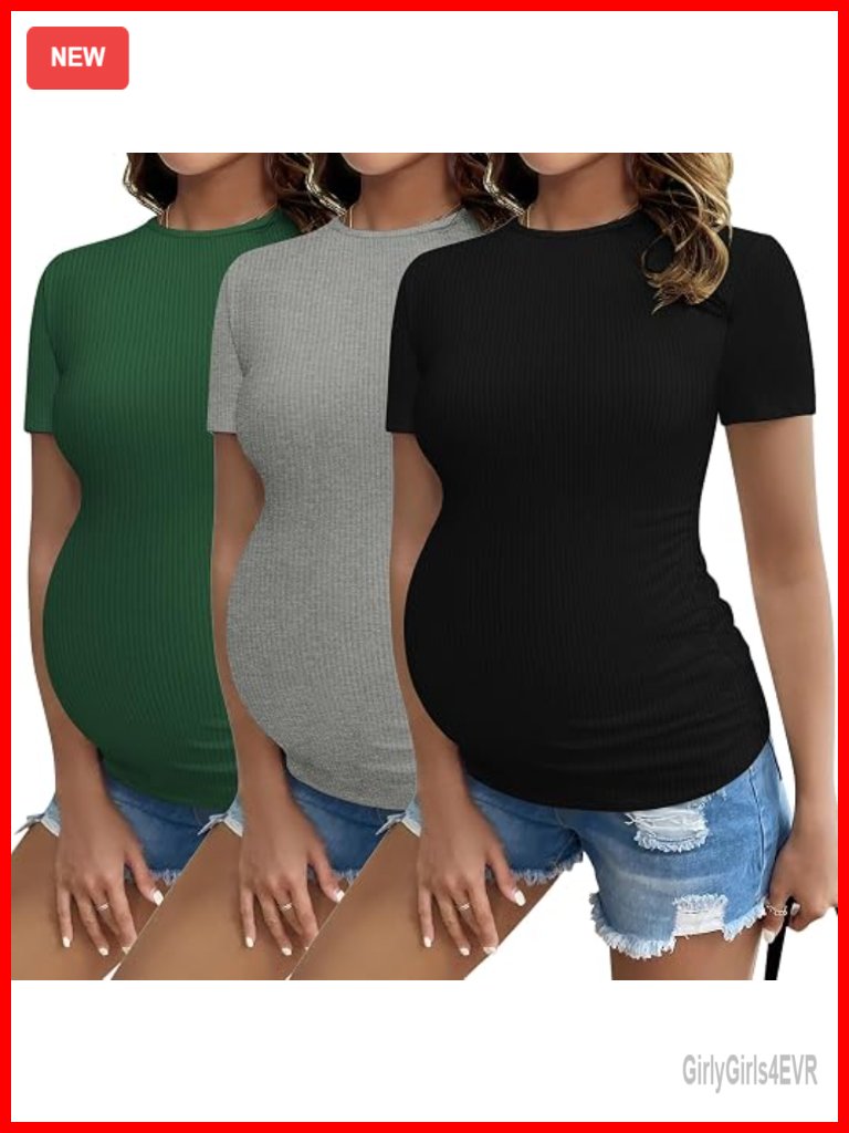 3-Pack Short Sleeve Ribbed Maternity Tops With Side Ruched